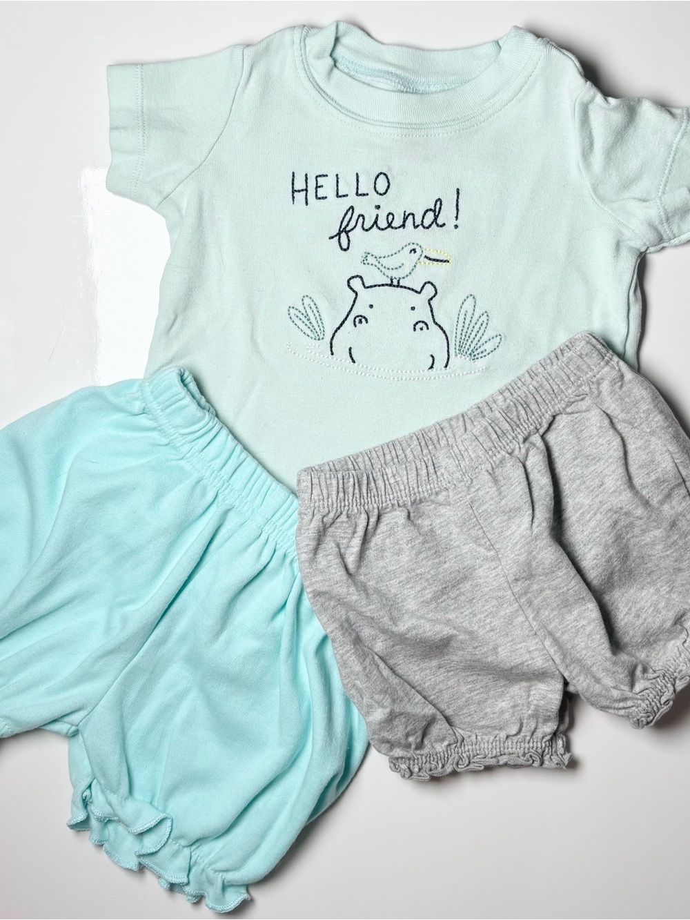 Vintage Teddy Boom & Carters Mint Hippo "Hello Friend" Tee Bloomer Set 3pc 6-9M